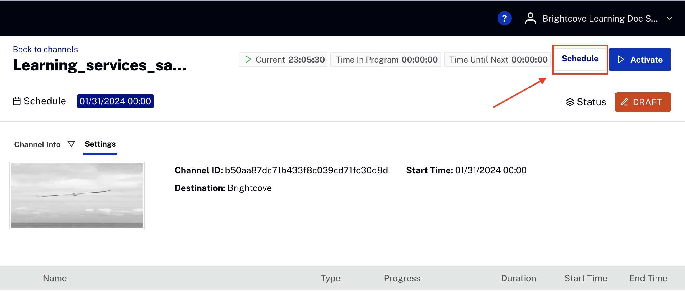Schedule channel menu