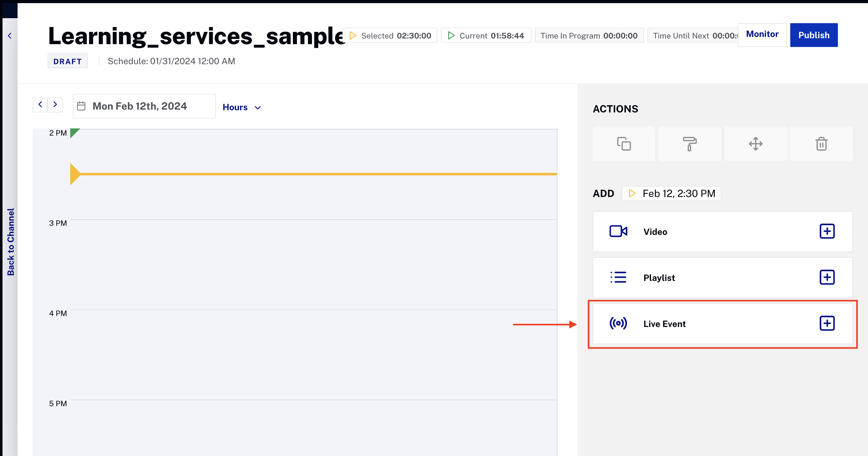 Select live event option