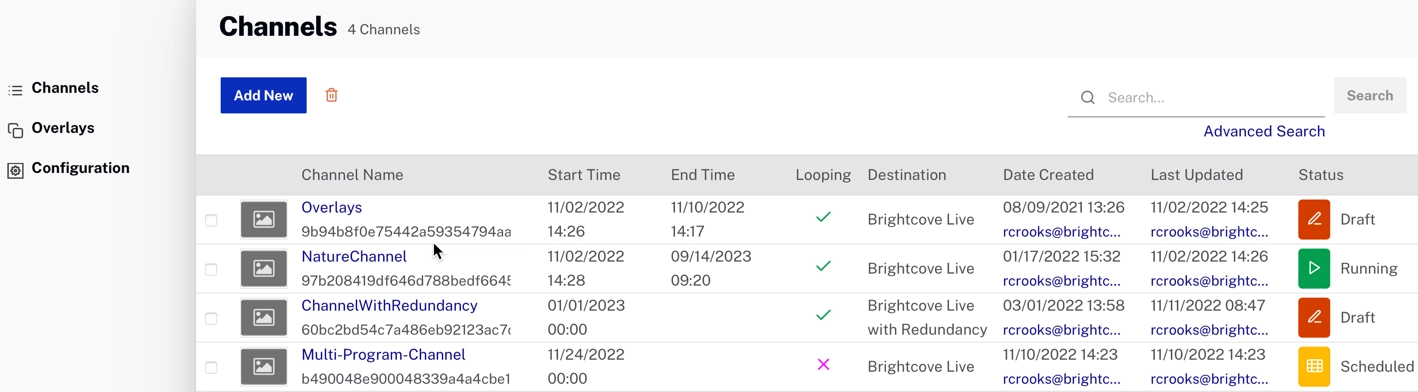 プレイアウトチャンネル一覧